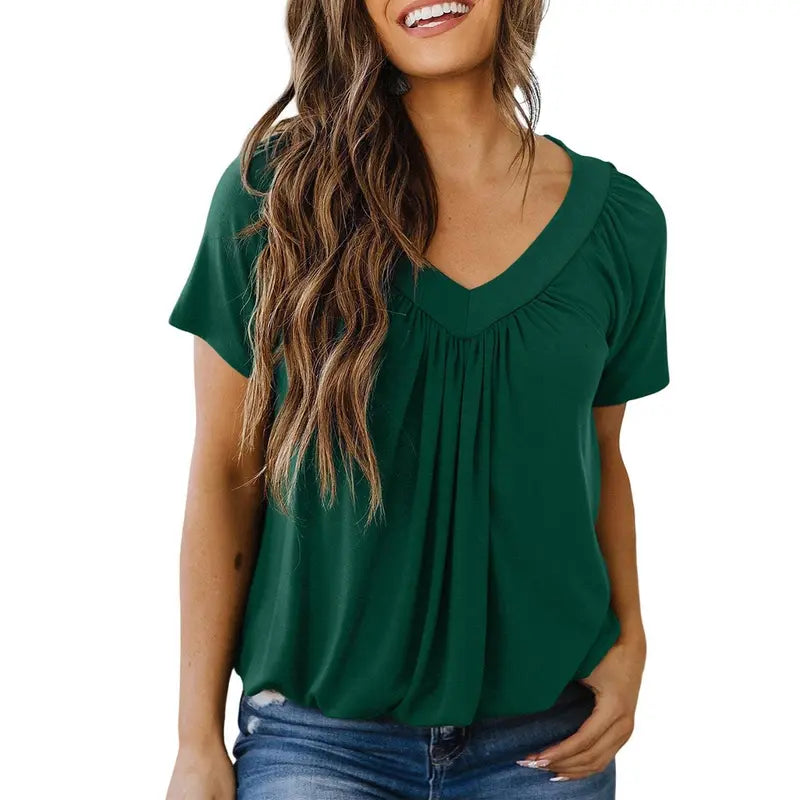 This Week's Special Price🍃Women's Casual Summer Short Sleeve V Neck Tops T-shirts - Loose Fit & Comfortable Shirring Top