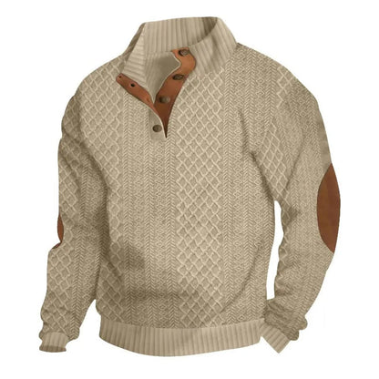 Men's Stand Collar Jacquard Knit Sweater, Micro Stretch 100% Polyester Elbow Patch Long Sleeve Top