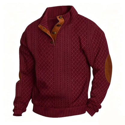 Men's Stand Collar Jacquard Knit Sweater, Micro Stretch 100% Polyester Elbow Patch Long Sleeve Top