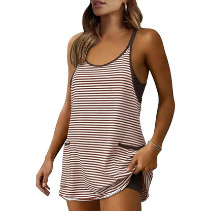 Women's Striped Romper Dress,Mini Dress with Built-in Shorts