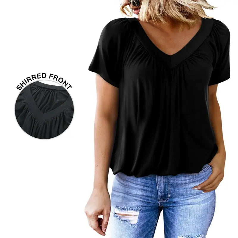 This Week's Special Price🍃Women's Casual Summer Short Sleeve V Neck Tops T-shirts - Loose Fit & Comfortable Shirring Top