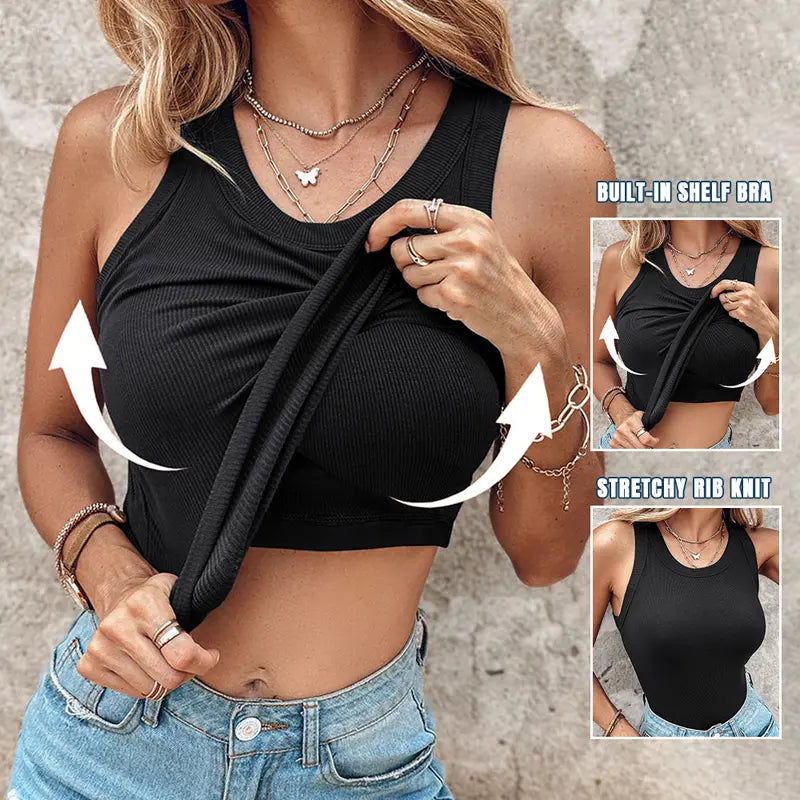 🔥MID YEAR SALE🔥Round Neck Built-in Bra Ribbed Tank Top Fit Casual Comfortable