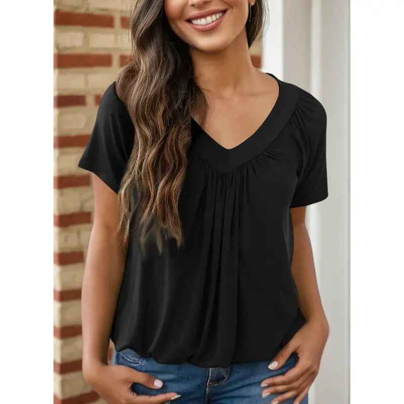 This Week's Special Price🍃Women's Casual Summer Short Sleeve V Neck Tops T-shirts - Loose Fit & Comfortable Shirring Top
