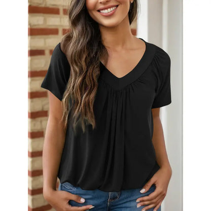 This Week's Special Price🍃Women's Casual Summer Short Sleeve V Neck Tops T-shirts - Loose Fit & Comfortable Shirring Top