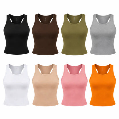 🔥MID YEAR SALE🔥Round Neck Built-in Bra Ribbed Tank Top Fit Casual Comfortable
