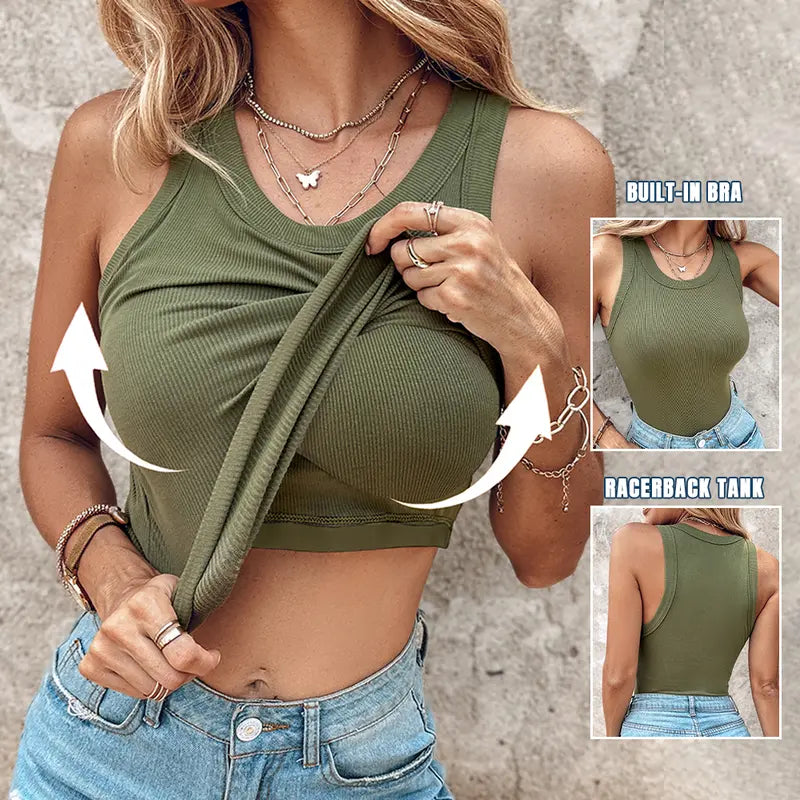 🔥MID YEAR SALE🔥Round Neck Built-in Bra Ribbed Tank Top Fit Casual Comfortable