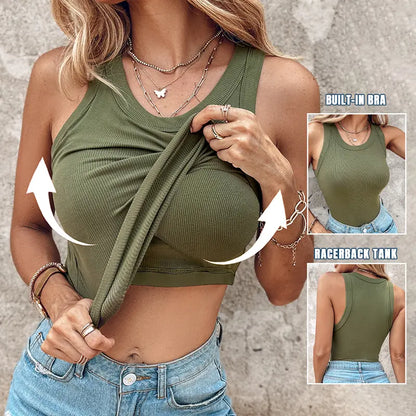 🔥MID YEAR SALE🔥Round Neck Built-in Bra Ribbed Tank Top Fit Casual Comfortable