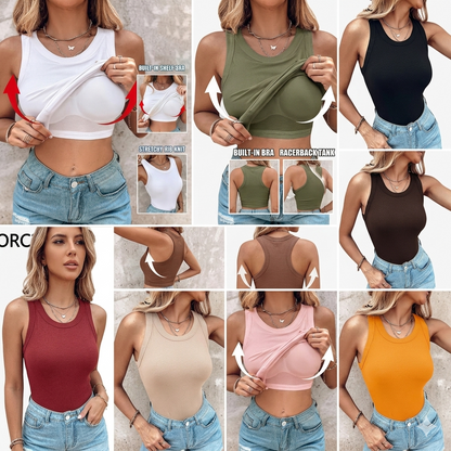 🔥MID YEAR SALE🔥Round Neck Built-in Bra Ribbed Tank Top Fit Casual Comfortable