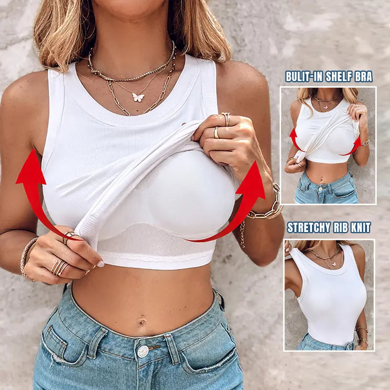 🔥MID YEAR SALE🔥Round Neck Built-in Bra Ribbed Tank Top Fit Casual Comfortable