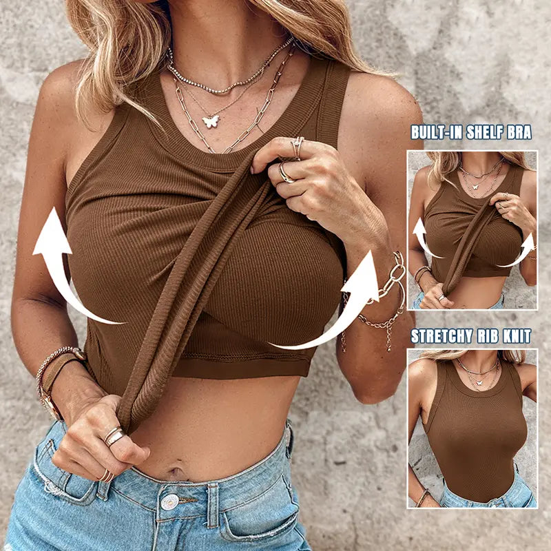 🔥MID YEAR SALE🔥Round Neck Built-in Bra Ribbed Tank Top Fit Casual Comfortable
