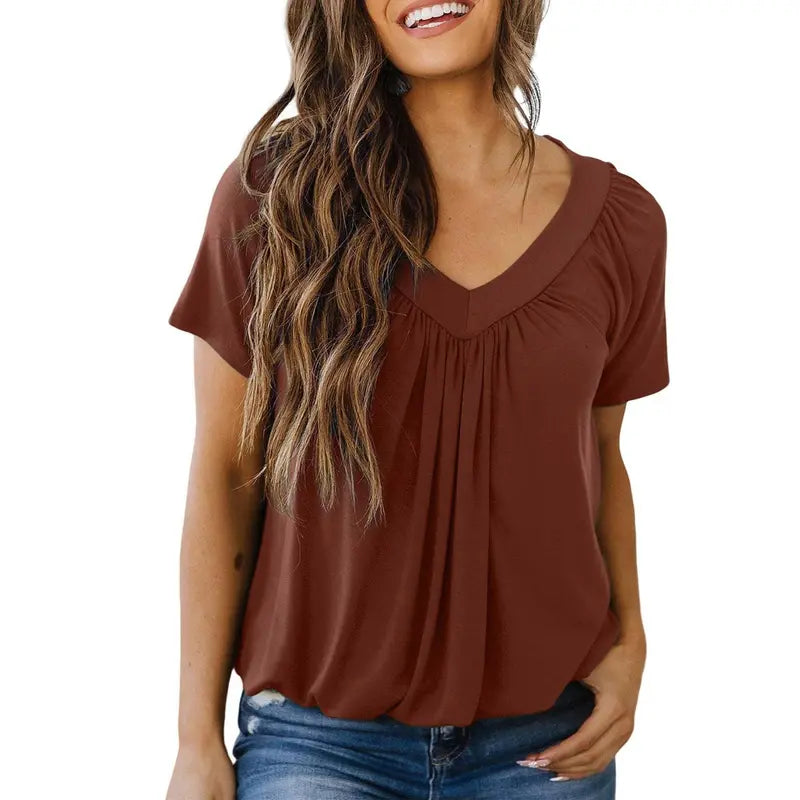 This Week's Special Price🍃Women's Casual Summer Short Sleeve V Neck Tops T-shirts - Loose Fit & Comfortable Shirring Top