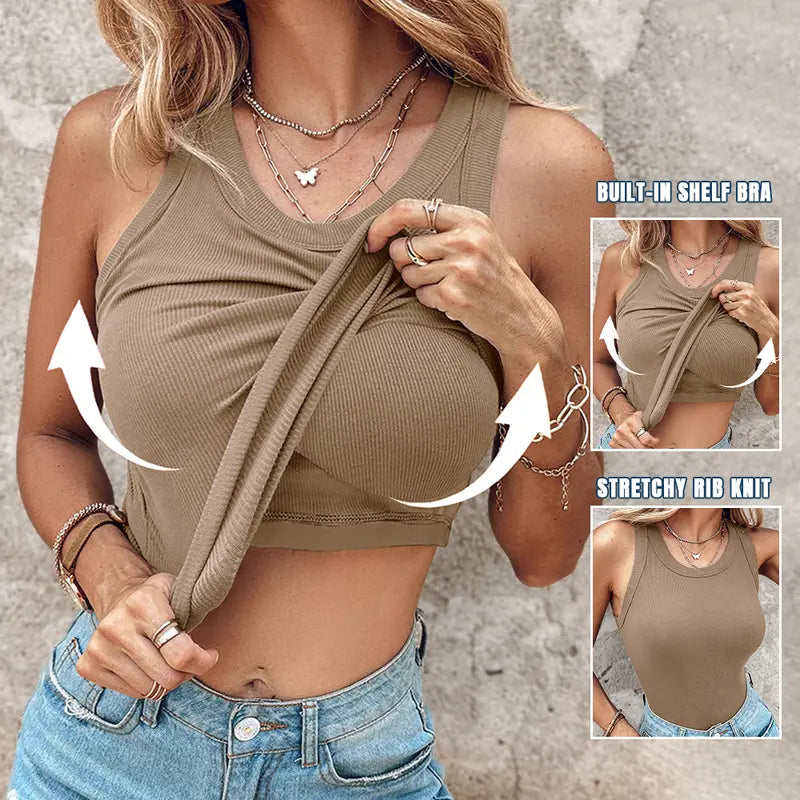 🔥MID YEAR SALE🔥Round Neck Built-in Bra Ribbed Tank Top Fit Casual Comfortable