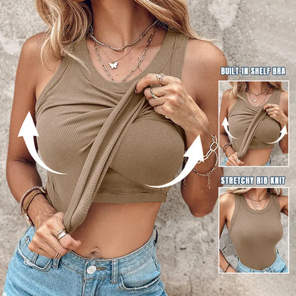 🔥MID YEAR SALE🔥Round Neck Built-in Bra Ribbed Tank Top Fit Casual Comfortable