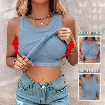🔥MID YEAR SALE🔥Round Neck Built-in Bra Ribbed Tank Top Fit Casual Comfortable