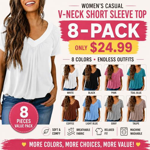 This Week's Special Price🍃Women's Casual Summer Short Sleeve V Neck Tops T-shirts - Loose Fit & Comfortable Shirring Top