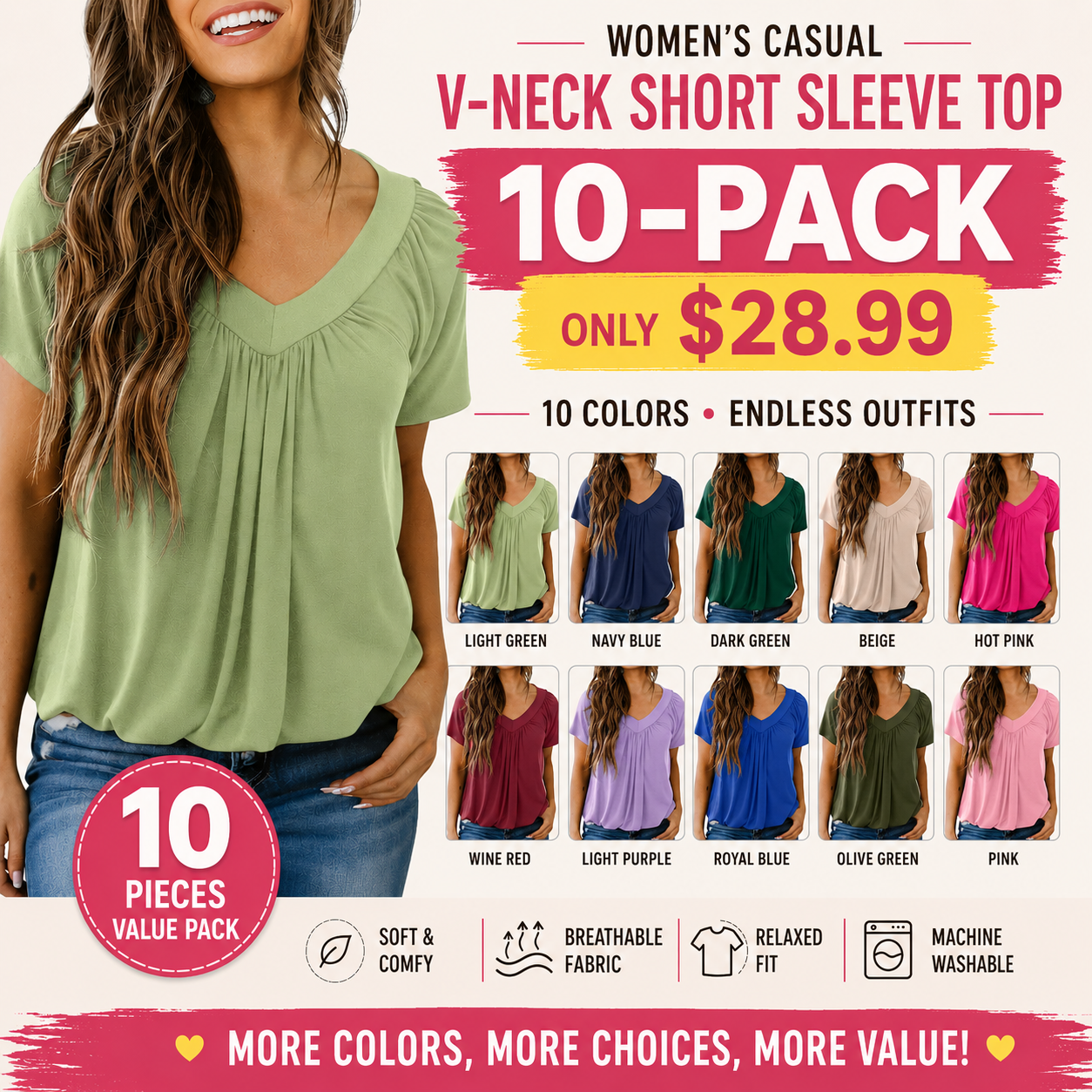 This Week's Special Price🍃Women's Casual Summer Short Sleeve V Neck Tops T-shirts - Loose Fit & Comfortable Shirring Top