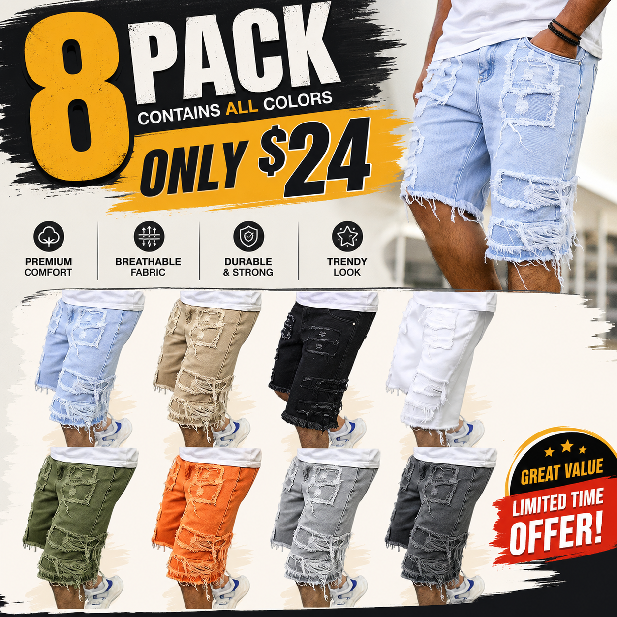 Raw Hem Denim Shorts with Rips – Edgy Urban Casual Warm-Weather Essential