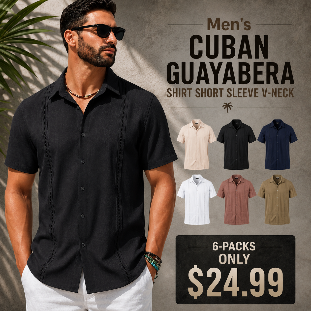This Week's Special Price💥Men's Cuban Guayabera Shirt Short Sleeve V-Neck