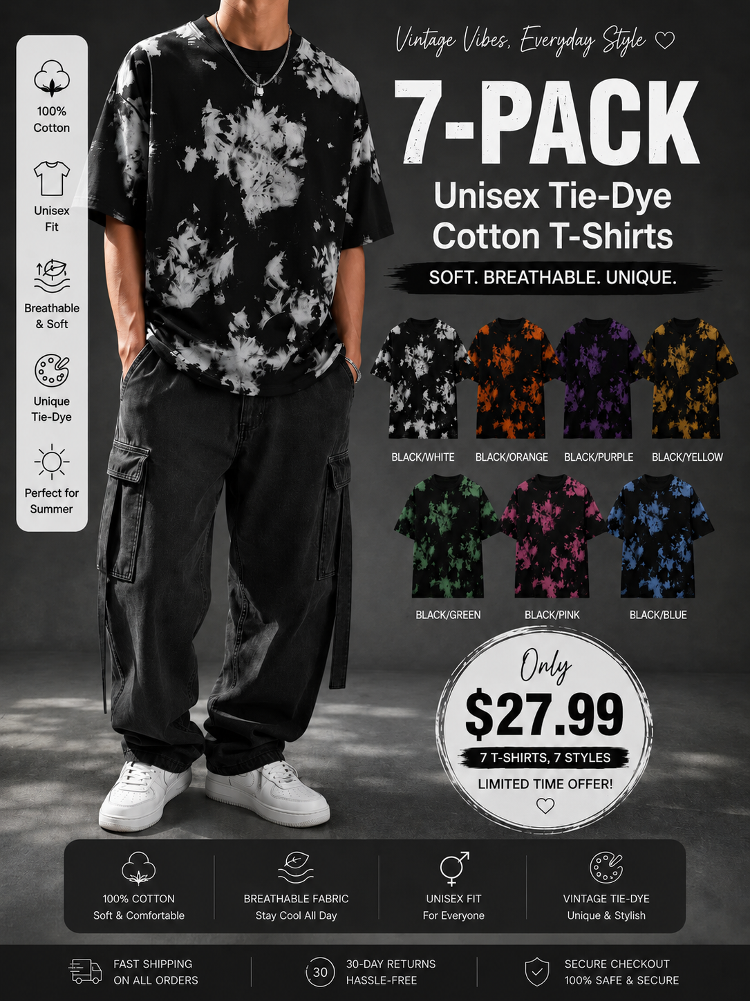 🔥Last day promotion🔥Unisex Vintage Tie-Dye T-Shirt for Summer Streetwear