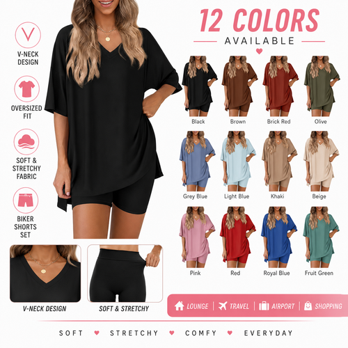 🔥Last day promotion🔥Effortless Summer Lounge Set Oversized Tee + Biker Shorts