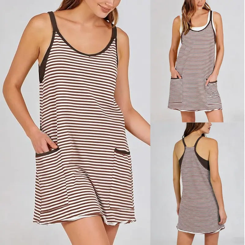 Women's Striped Romper Dress,Mini Dress with Built-in Shorts