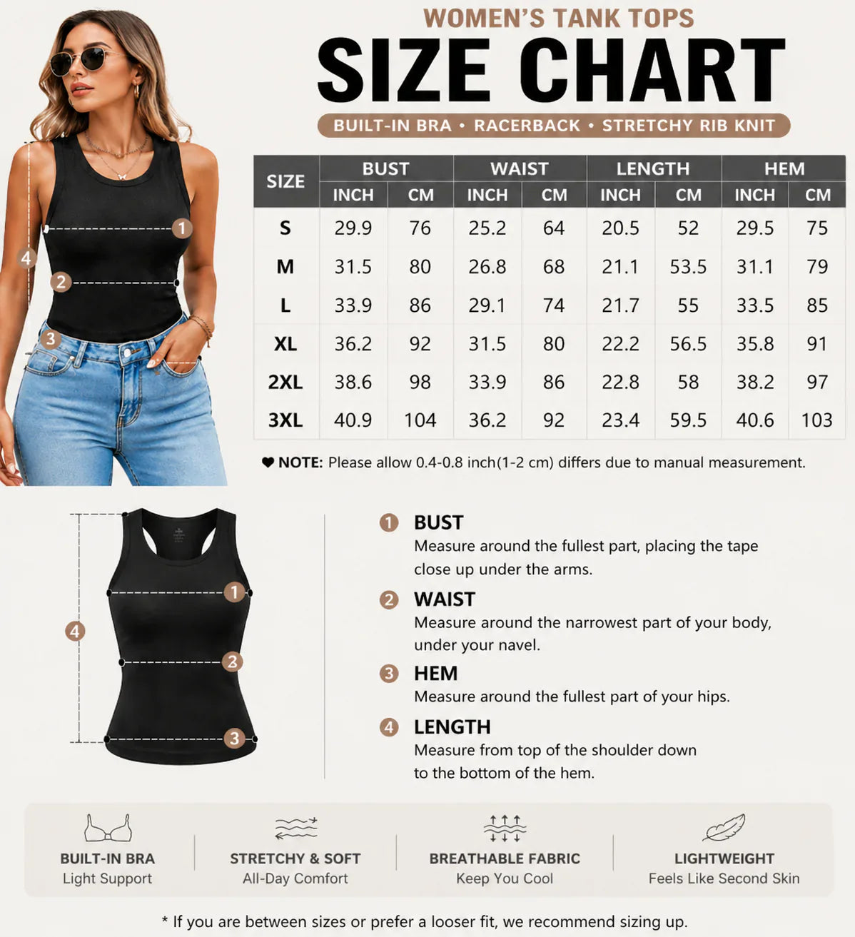 This Week's Special Price🍃Round Neck Built-in Bra Ribbed Tank Top Fit Casual Comfortable💥