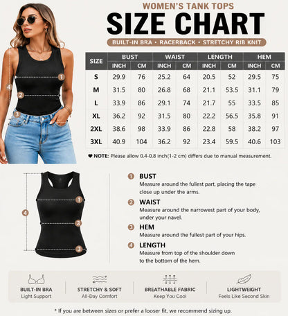This Week's Special Price🍃Round Neck Built-in Bra Ribbed Tank Top Fit Casual Comfortable💥