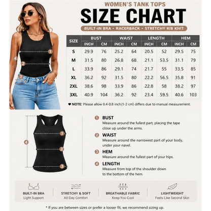 🔥MID YEAR SALE🔥Round Neck Built-in Bra Ribbed Tank Top Fit Casual Comfortable